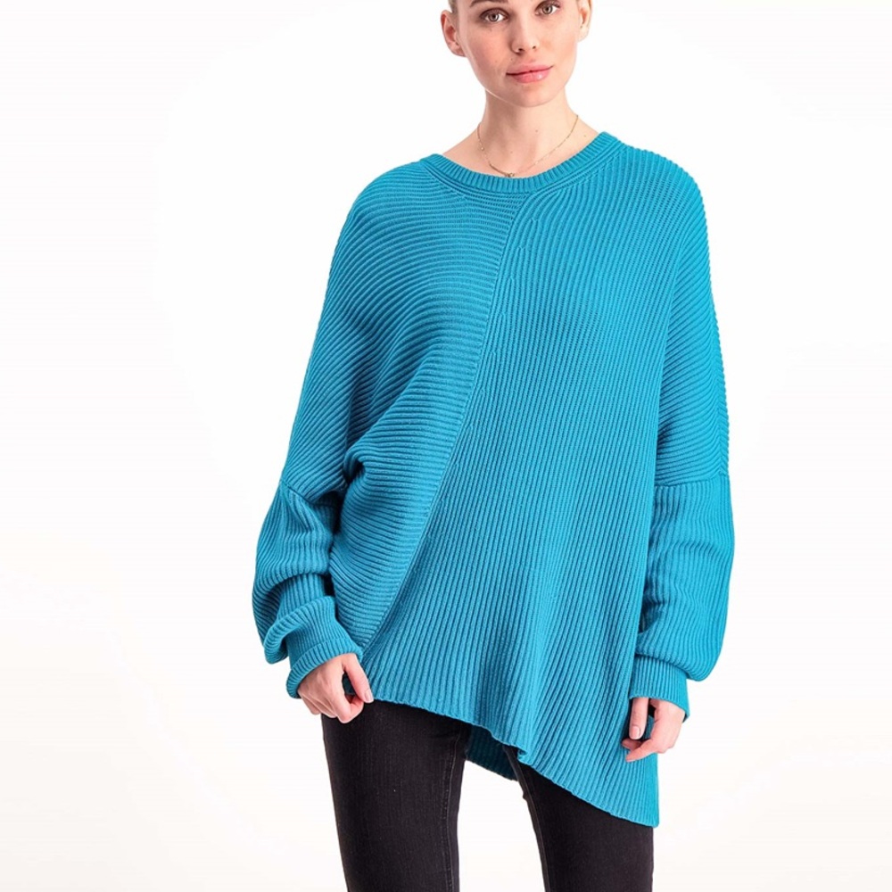 Free People Downtown Teal Dolman Oversized Asymmetrical Knitted Sweater L